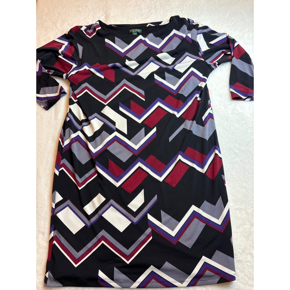 Lauren Ralph Lauren Chevron Geometric Sheath Dress Black Burgundy Purple 12